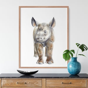 Rhino Wall Art - Baby Rhinoceros Art - Jungle Nursery Decor - Baby Animal Watercolor - Safari Theme - Baby Gift