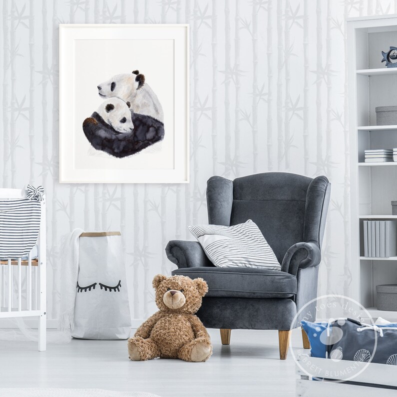 a picture of a panda bear sitting on a chair next to a teddy bear