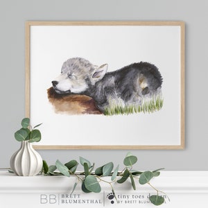 Baby Wolf Art Woodland Nursery Wolf Pup Baby Room Decor Nursery Art Wolf Nursery Baby Animal Art Green Gray Brown image 2