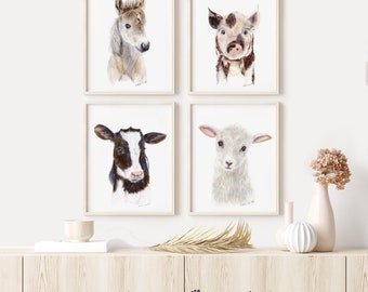 Baby Farm Animal Print Set of 4 for Farm-themed Nursery | Gender Neutral Cute Animal Watercolors for Childs Room | Choice of Animals