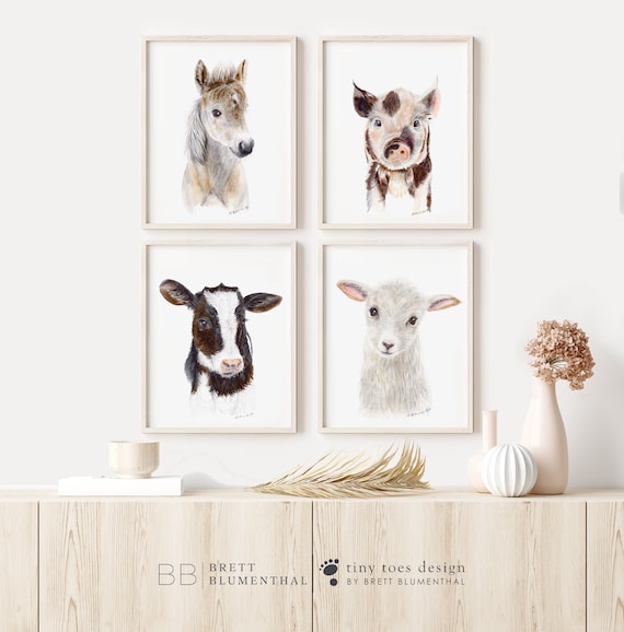 Baby Farm Animal Print Set of 4 for Farm-themed Nursery | Gender Neutral Cute Animal Watercolors for Childs Room | Choice of Animals
