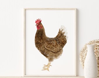 Chicken Watercolor Kitchen Wall Art, Farmhouse Hen Print