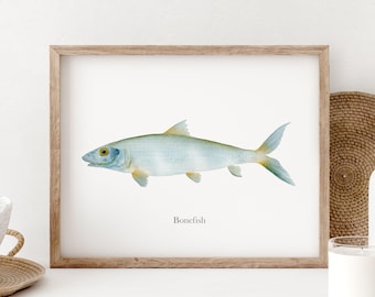 Bonefish Watercolor Print, Fish Wall Art, Deep Sea Fishing Decor