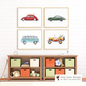 Set van 4 vintage autoafdrukken – Muurkunst kinderkamer voor jongens