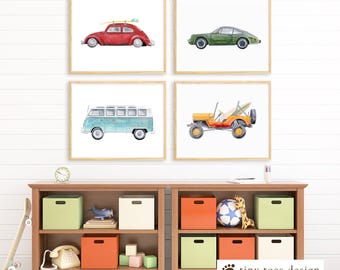 Set of 4 Vintage Car Prints – Kids’ Room Wall Art for Boys