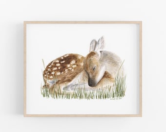 Aquarelprint van een slapend hert | Muurdecoratie met bosmotief voor de kinderkamer