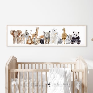 Baby Animal Nursery Print, Jungle Nursery Decor, Panoramic Nursery Art, Baby Room Decor, Animal Watercolors, Baby Girl, Boy, PAPER + CANVAS