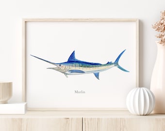 Blue Marlin Watercolor Print, Fish Wall Art, Deep Sea Sport Fishing Decor