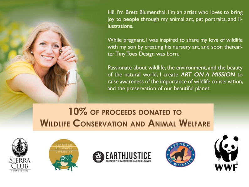 May include: A woman smiles while holding a book with the text "10% of proceeds donated to Wildlife Conservation and Animal Welfare". The image also features logos for the Sierra Club, Center for Biological Diversity, Earthjustice, Defenders of Wildlife, and WWF.