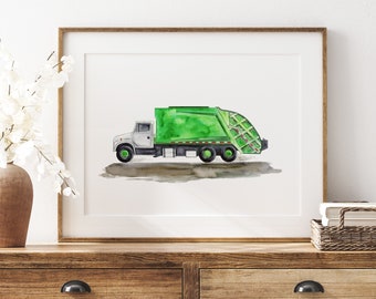 Garbage Truck Art Print, Boy Room Prints, Trash Back Compactor Nursery Art, Kids Room Wall Decor, Green Playroom Poster