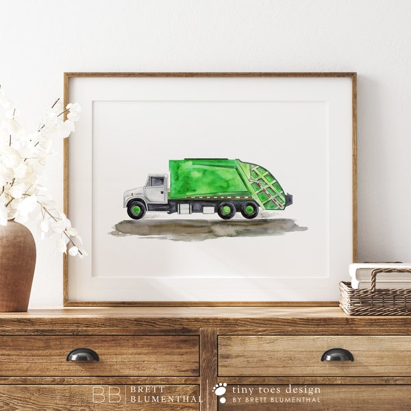 Garbage Truck Art Print, Boy Room Prints, Trash Back Compactor Nursery Art, Kids Room Wall Decor, Green Playroom Poster