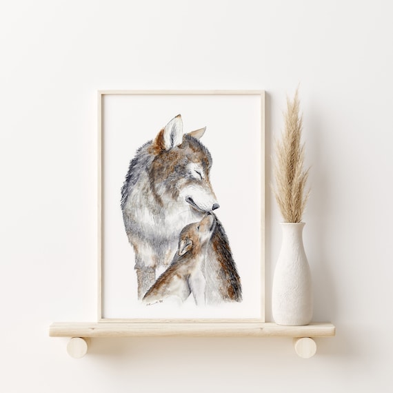 Woodland Nursery Decor, Wolf Art Print, Baby Animals and Moms, Wolf Nursery Art, Woodland Nursery Print, Animal Art, Gray, Neutral