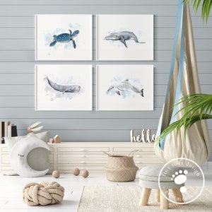 Ocean Animal Art Set of 4 Prints | Sea Life Nursery Decor | Baby Room Watercolors | Whale and Turtle Wall Artwork | Paper, Canvas or Framed