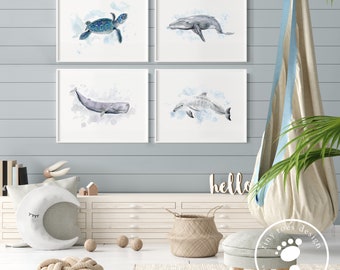 Ocean Animal Art Set of 4 Prints | Sea Life Nursery Decor | Baby Room Watercolors | Whale and Turtle Wall Artwork | Paper, Canvas or Framed