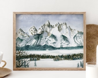 Stunning Grand Teton National Park Watercolor Landscape - National Park Art for Home Decor