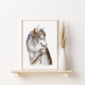 Print met moeder en babywolf, muurdecoratie met bosmotief voor de kinderkamer. afbeelding 2