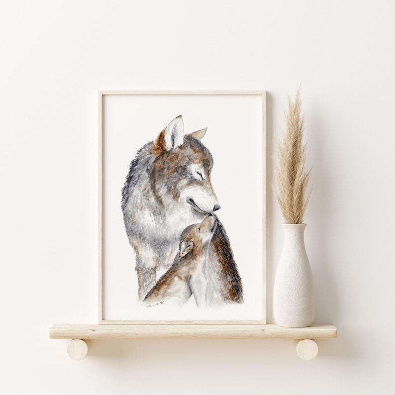 Print met moeder en babywolf, muurdecoratie met bosmotief voor de kinderkamer. afbeelding 2