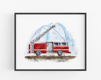 Fire Engine Nursery Print, Watercolor Rescue Truck Wall Art, Boys Room