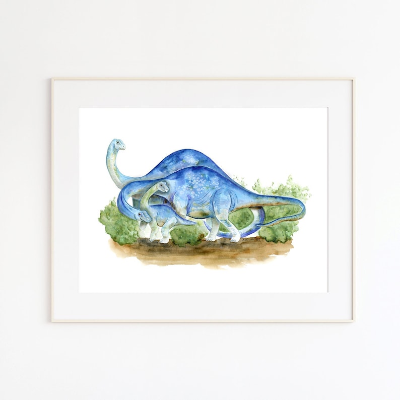 May include: A watercolor painting of a blue dinosaur family. The mother dinosaur is walking with her two young dinosaurs. The dinosaurs are surrounded by green foliage.
