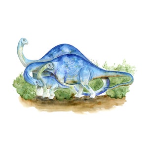 May include: Watercolor painting of a blue dinosaur family. The mother dinosaur is standing with her head bent down, while the baby dinosaur is walking in front of her. The father dinosaur is standing behind them, with his head raised.