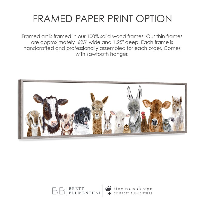May include: A framed watercolor print of a line of farm animals, including a cow, pig, dog, llama, rabbit, sheep, chick, donkey, hen, cat, and horse. The frame is made of solid wood and is approximately 0.625 inches wide and 1.25 inches deep. The print is by Brett Blumenthal, Tiny Toes Design.