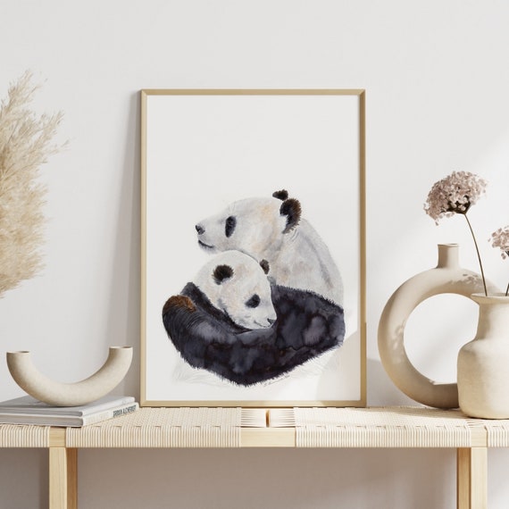 Panda Watercolor, Panda Nursery Decor, Mom and Baby Panda Art, Baby Room Decor, Black and White Animal Prints, Jungle Animal Art