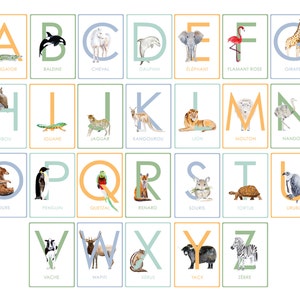Alfabeto francês - Cartões de parede infantis - Cartões 5x7 para impressão em PDF - Arte de parede para berçário - Quarto infantil com tema de animais - ABC - Presente para bebê