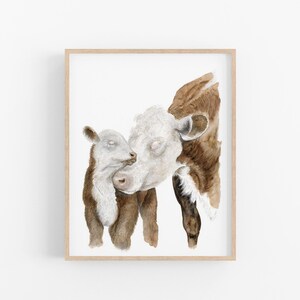 Mom and Baby Cow Watercolor Print, Farm Animal Nursery Art