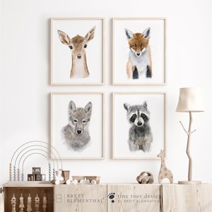 Woodland Nursery Decor Set of 4 Prints | Forest Animal Wall Art for Baby Boy or Girl Room | Baby Animals Watercolors | Canvas or Framed