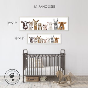 May include: A watercolor illustration of a line of farm animals, including a cow, goat, sheep, and donkey, in a panoramic style. The image is framed and displayed on a white wall above a crib. The text "4:1 PANO SIZES" is displayed above the image. The image is available in two sizes: 72 inches by 18 inches and 48 inches by 12 inches.