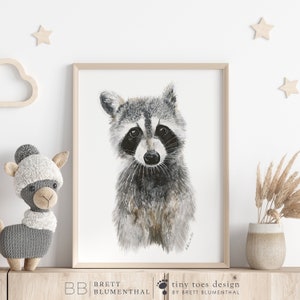 Baby Raccoon Art, Woodland Nursery Print, Animal Portrait, Nursery Art, Raccoon Print, Childrens Wall Art, Animal Print, Raccoon Portrait