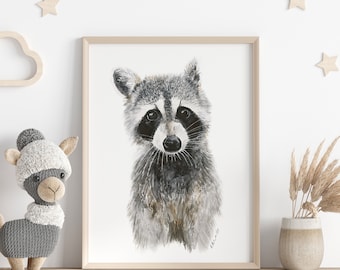 Baby Raccoon Art, Woodland Nursery Print, Animal Portrait, Nursery Art, Raccoon Print, Childrens Wall Art, Animal Print, Raccoon Portrait