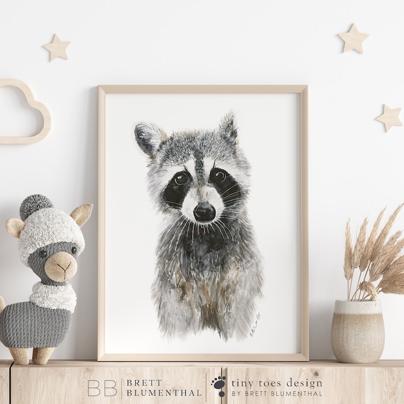 Waschbär Print, Kinderzimmer Dekor, Baby Tier Druck, Waldtier, Waldtiere, Waschbär Kunstdruck, Baby Shower, Kinder Kunst Bild 1