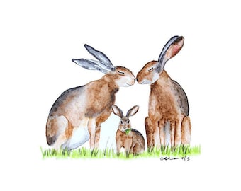 Family of Rabbits Watercolor, Woodland Animal Nursery Print