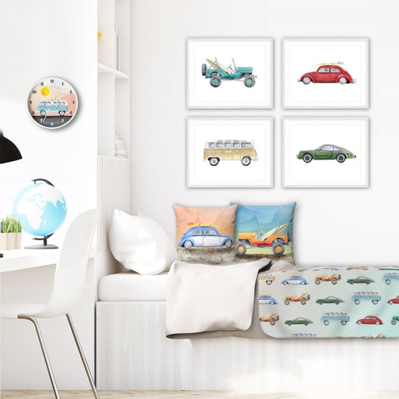Cars Bedroom Decor Surf Baby Car Prints Kids Bedding Set Camper Van Kids Clock Jeep Pillow Car Sherpa Blanket Vintage Car Decor