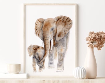 Elefanten-Geschenk, Mama und Baby-Elefant-Kunstdruck, Elefanten-Kinderzimmerkunst, junge Mutter, Elefanten-Druck, werdendes Muttergeschenk, Safari-Tiermalerei