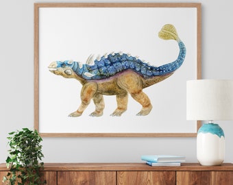 Dinosaur Print, Kids Dinosaur Art, Dinosaur Watercolor, Ankylosaurus Wall Decor, Blue Dinosaur Nursery Art, Kids Science Poster, Boys Room