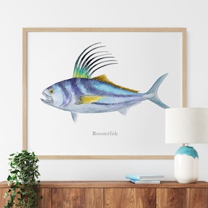 Roosterfish Art Print, Baja Fishing Art, Game Fish Wall Art, Saltwater Angling Fishing Gift, Fish Watercolor Print, Man Cave Decor, Kitchen