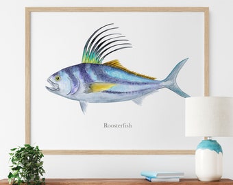 Roosterfish Art Print, Baja Fishing Art, Game Fish Wall Art, Saltwater Angling Fishing Gift, Fish Watercolor Print, Man Cave Decor, Kitchen