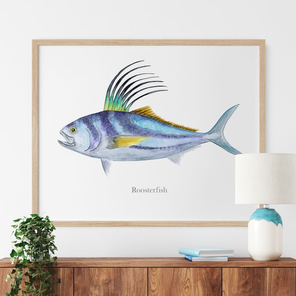 Roosterfish Art Print, Baja Fishing Art, Game Fish Wall Art, Saltwater Angling Fishing Gift, Fish Watercolor Print, Man Cave Decor, Kitchen