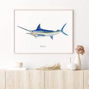 Blue Marlin Watercolor, Billfish Wall Art, Marlin Art Print, Fish Painting, Deep Sea Fishing Gift, Sea art, Ocean Life Home Decor