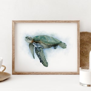 Sea Turtle Art, Mom and Baby Sea Life Print, Turtle Watercolor, Ocean Nursery Decor, Sea Turtle Wall Art, Coastal Decor, Tropical Wildlife image 1