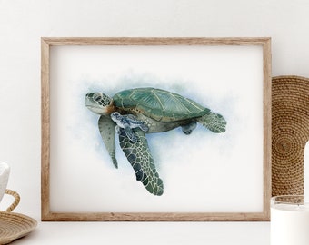 Sea Turtle Art, Mom and Baby Sea Life Print, Turtle Watercolor, Ocean Nursery Decor, Sea Turtle Wall Art, Coastal Decor, Tropical Wildlife