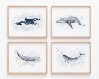 Set of 4 Whale Nursery Prints – Ocean Animal Wall Art, Customizable