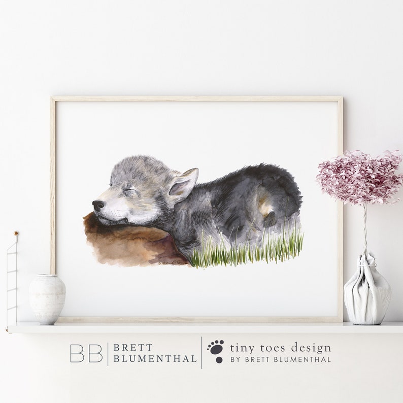 Baby Wolf Art Woodland Nursery Wolf Pup Baby Room Decor Nursery Art Wolf Nursery Baby Animal Art Green Gray Brown image 1