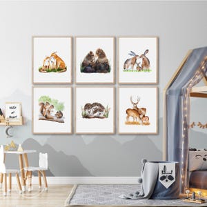 Woodland Animal Family Print Set of 6, Nursery Wall Art image 1