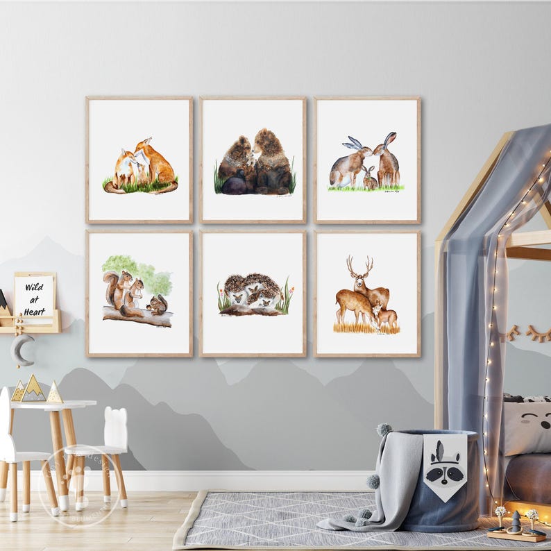 Woodland Animal Family Print Set of 6, Nursery Wall Art image 1