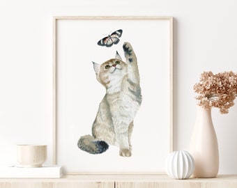 Cat Nursery Wall Art - Kitten Nursery Print - Watercolor Cat and Butterfly - Cat Poster - Girls Room Playroom Decor - Kitten Baby Room Decor