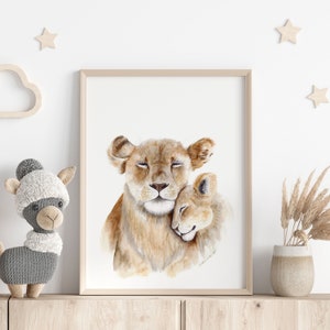 Safari Nursery Decor, Lion Wall Art, Animal Nursery Print, Mom and Baby Animal, Lion Nursery, Animal Art, Watercolor Lion Print image 2