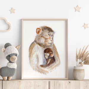 Monkey Painting, Mom and Baby Monkey Art, Mother & Baby Animal Print, Safari Nursery Decor, Monkey Gift for New Mom, Safari Baby Room Decor